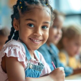 a young girl with braided hair smiling at the camera in a classroom